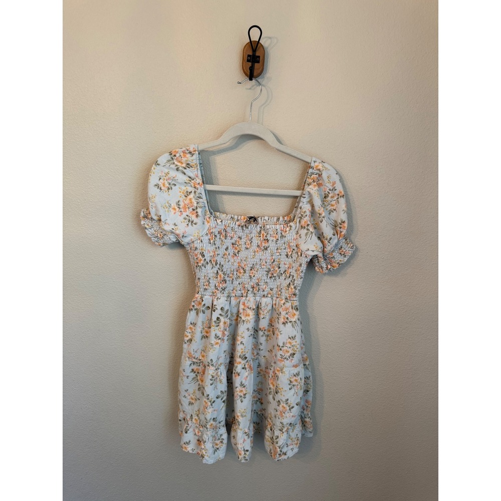 American Eagle Floral Mini Dress Womens XS Blue Excellent Smocked Puff Sleeve